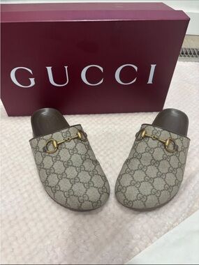 Gucci GG Canvas Horsebit Mules in Beige and Brown
